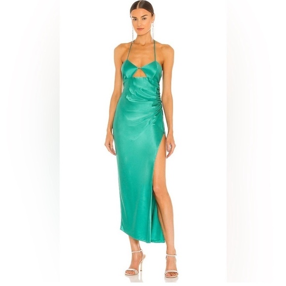 The Sei Cut Out Ruched Silk Midi Dress in Jade Size: 2 - Picture 1 of 16